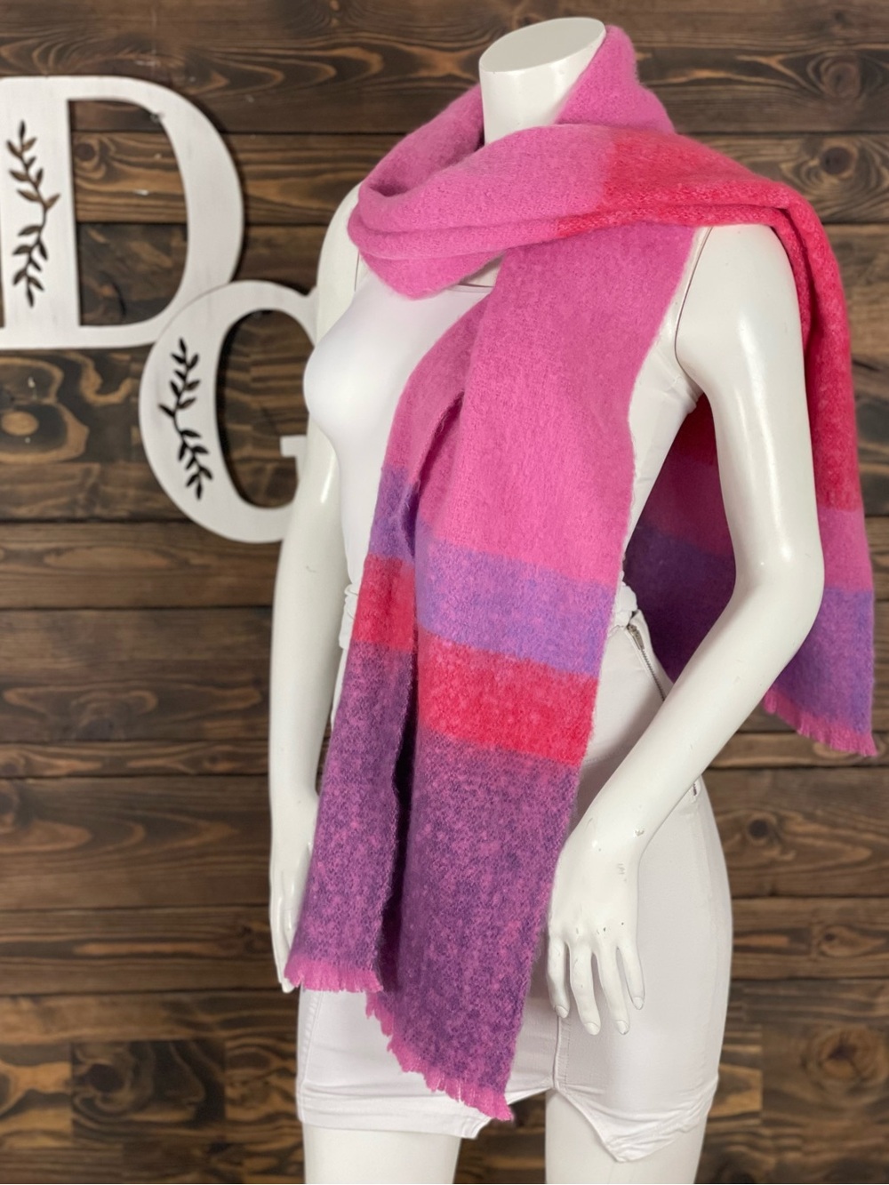LOGO by Lori Goldstein | Colorblock Pink & Purple Gradient Scarf Raw Frayed Edge